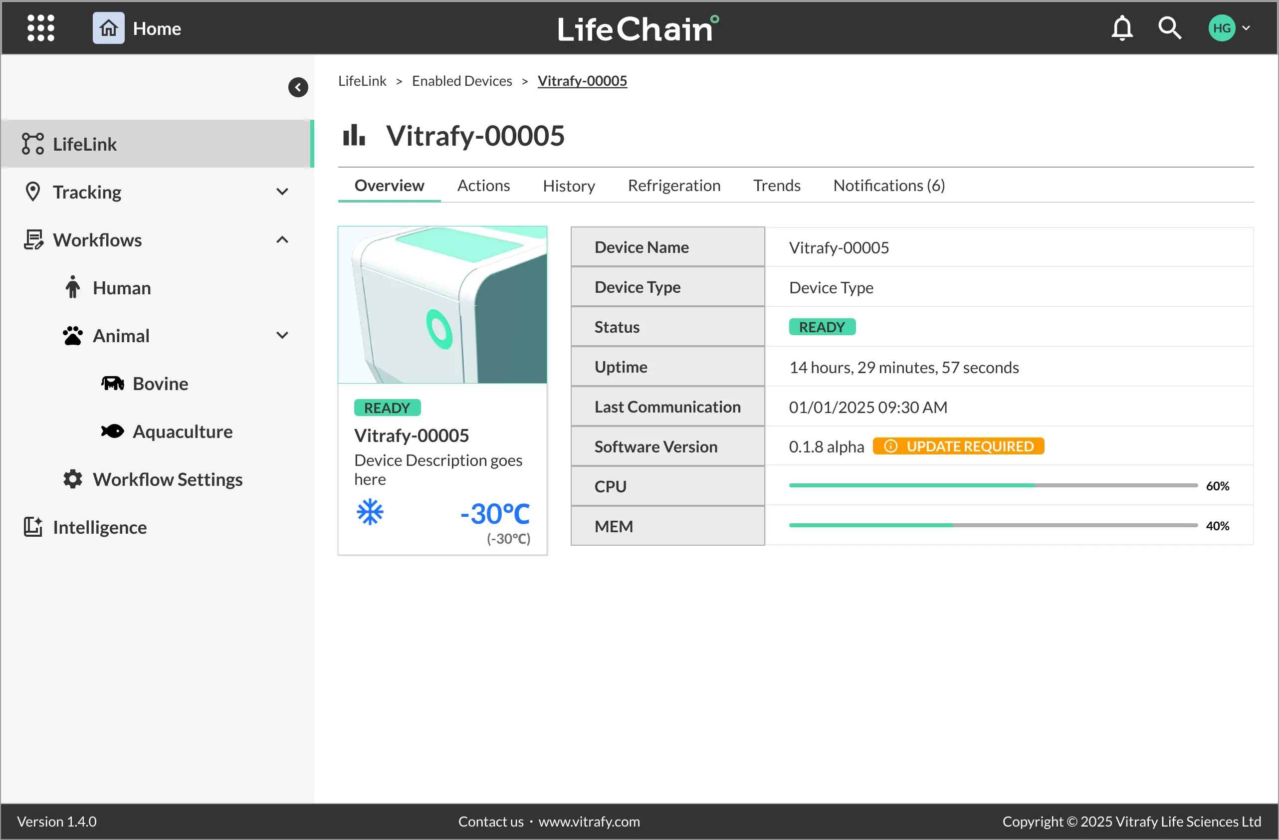 LifeLink device overview for a cryopreservation unit: status, uptime, last communication, software version, and CPU and memory readings.