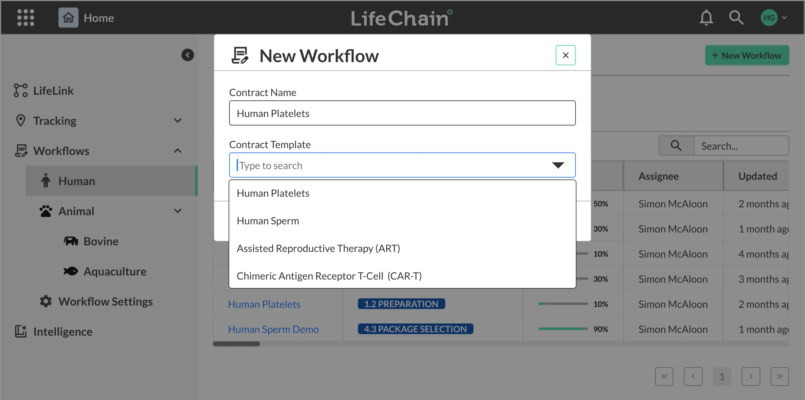 The New Workflow dialog: a Contract Name field reading Human Platelets, and an open Contract Template picker listing Human Platelets, Human Sperm, Assisted Reproductive Therapy and Chimeric Antigen Receptor T-Cell.