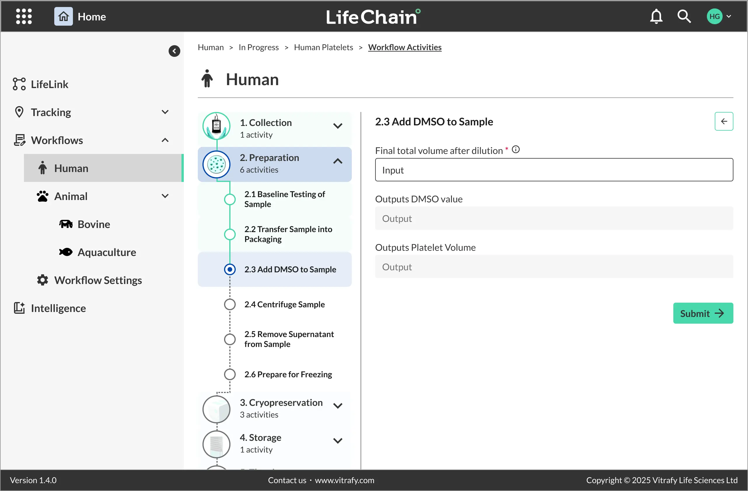 An activity detail view inside a workflow: the Preparation stage expanded to its six activities, with the selected activity showing its input fields and a submit action.