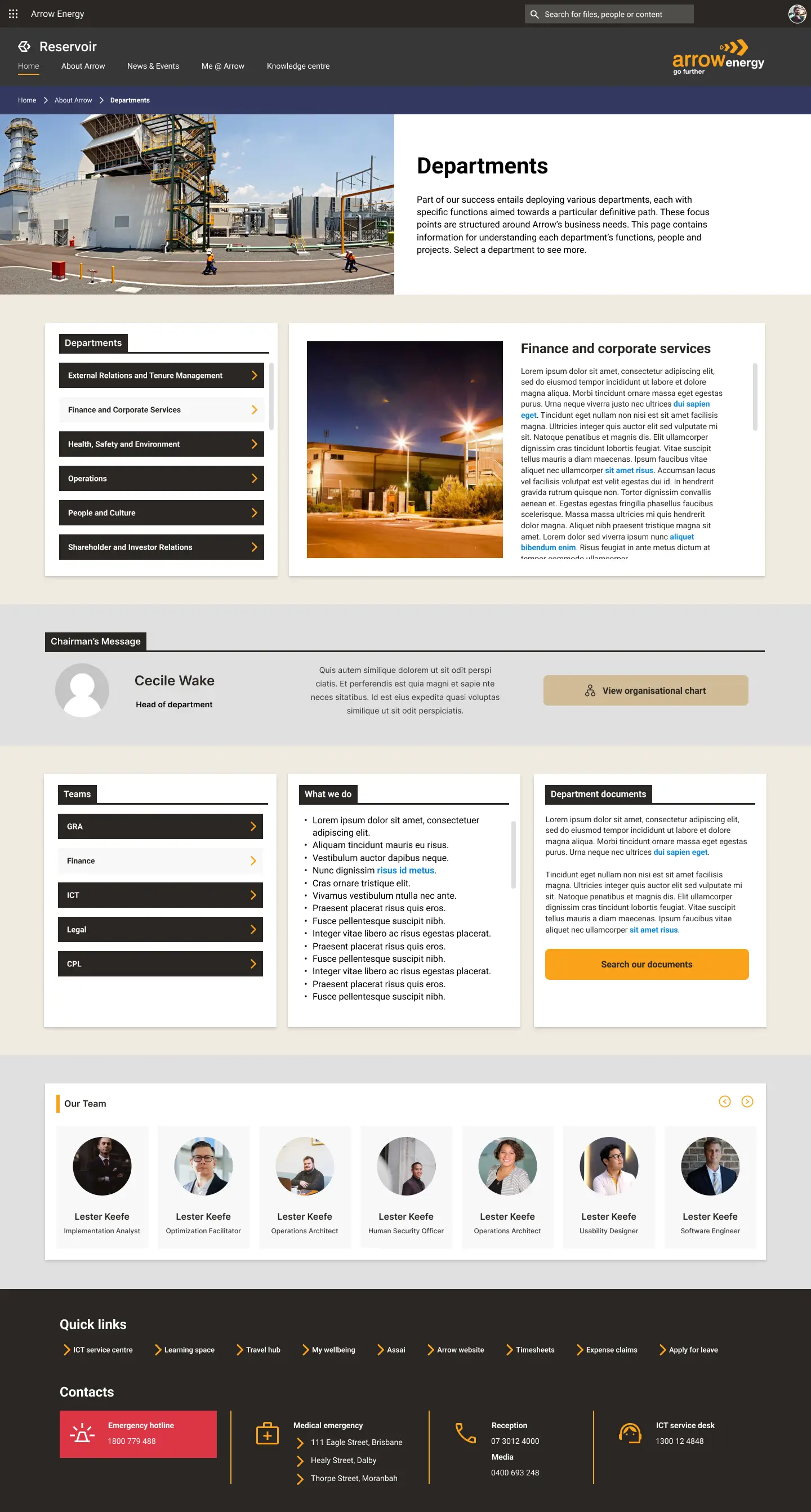 Departments listing page on the Arrow Energy employee platform, using the same grid and card components as the home page.