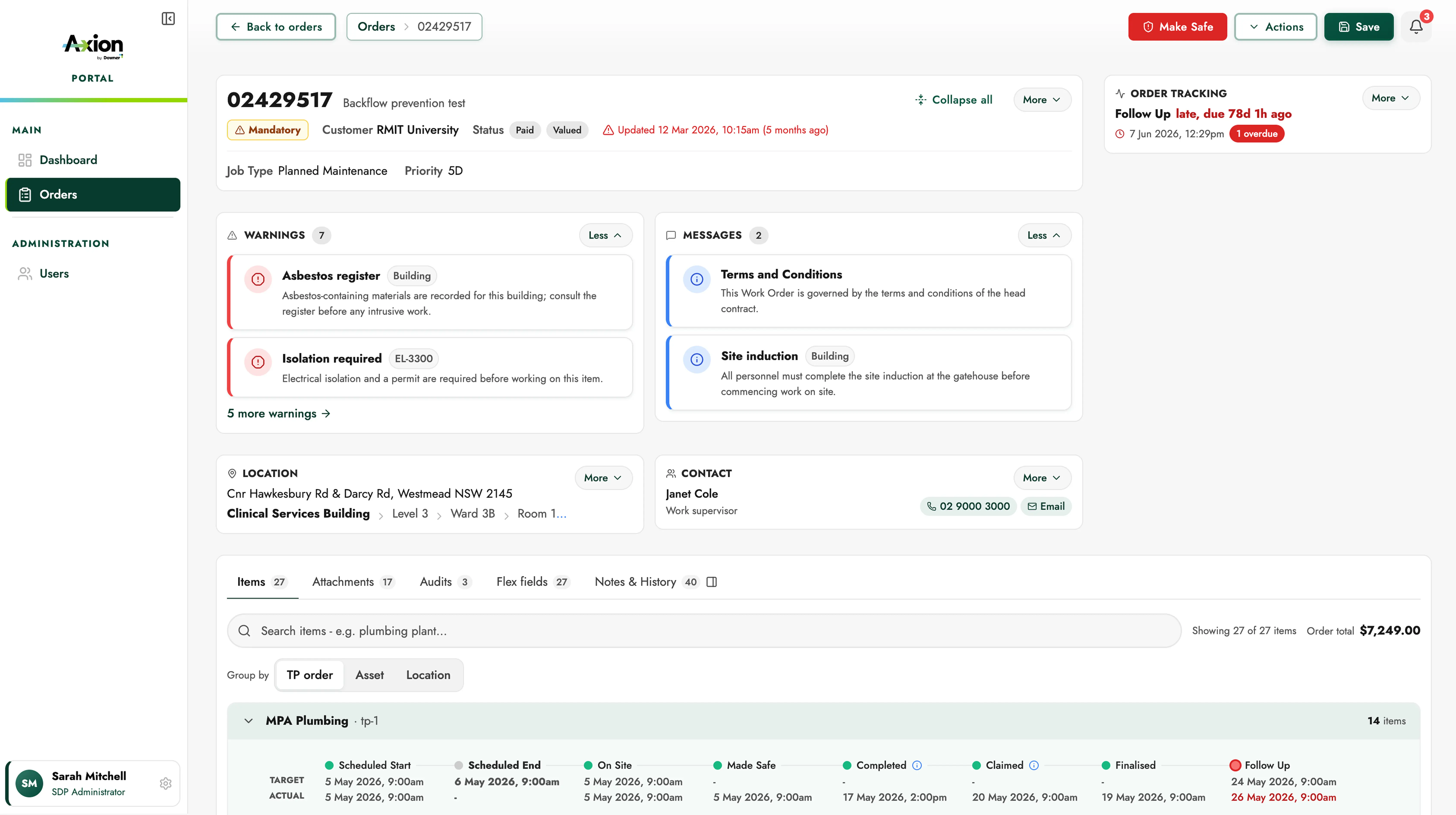 An Axion order detail screen composed from the design system: order header with status and customer, warning and message panels, location and contact cards, and a tabbed table of line items with scheduling milestones.